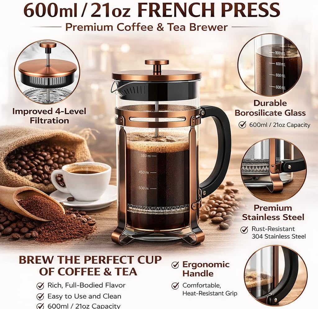 Skiennix French Press Coffee Maker - 21 oz Stainless Steel & Borosilicate Glass | Heat-Resistant, BPA-Free