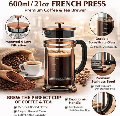 Skiennix French Press Coffee Maker - 21 oz Stainless Steel & Borosilicate Glass | Heat-Resistant, BPA-Free