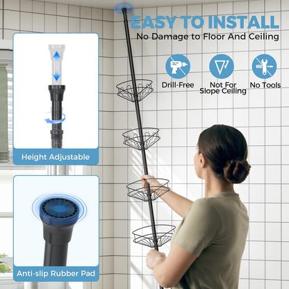 Skiennix Corner Shower Caddy - 4-Tier Adjustable Bathroom Organizer with Hidden Hook & Towel Holder | 63.7-119 Inch, Black