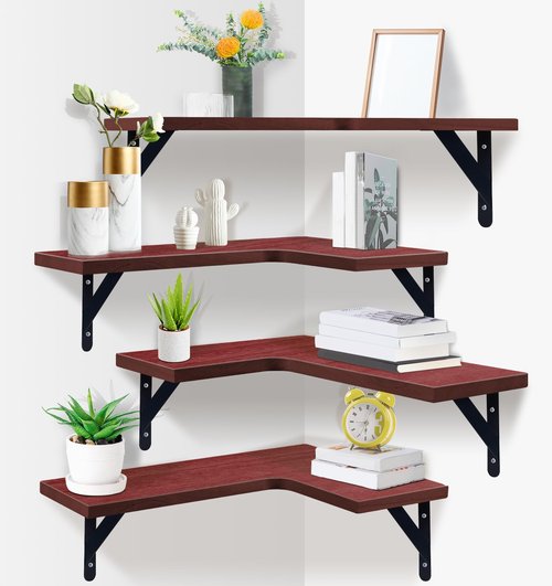 PUREZON Corner Floating Shelves Set of 4,Corner Wall Shelves,Rustic Wood Wall Mounted Shelf for Home Decor, Living Room, Bedroom, Kitchen, Bathroom,Office(Red,15.9 x 11.4 inch)
