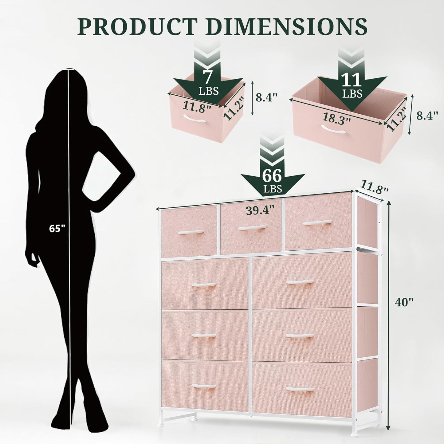 Regine Switzerland 9-Drawer Dresser - Anti-Tip Tall Storage Organizer with Wooden Top & Metal Frame | Pink