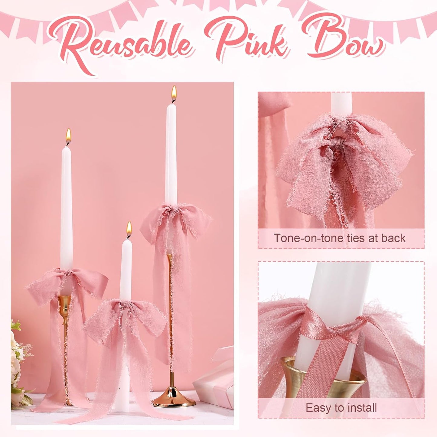 Skiennix 24 Pcs Pink Bows Candlestick Ribbon Decorations - Perfect for Birthdays & Weddings | 9.5 Inch