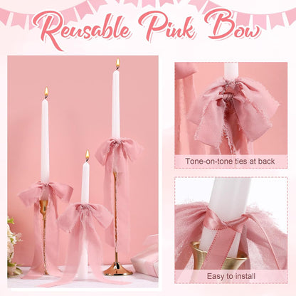 Skiennix 24 Pcs Pink Bows Candlestick Ribbon Decorations - Perfect for Birthdays & Weddings | 9.5 Inch
