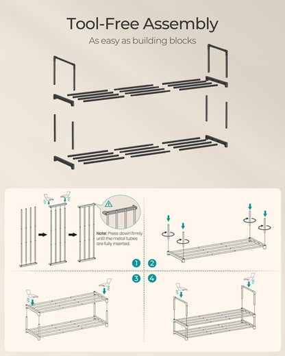 SONGMICS Shoe Rack, 2-Tier Shoe Organizer, Metal Storage Shelf, Upright or Upside Down, for 12-15 Pairs, Stackable, for Entryway, 11.8 x 36.2 x 14.6 Inches, Black ULSA12BK
