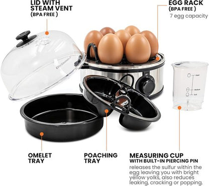 Elite Gourmet Electric Egg Poacher - Easy Omelet & Boiled Egg Cooker with Auto Shut-Off | 7 Eggs, Stainless Steel