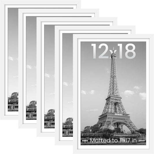 Upsimples 12x18 Picture Frame Set of 5 - Versatile Wall Gallery Frames for 11x17 or 12x18 Photos | White