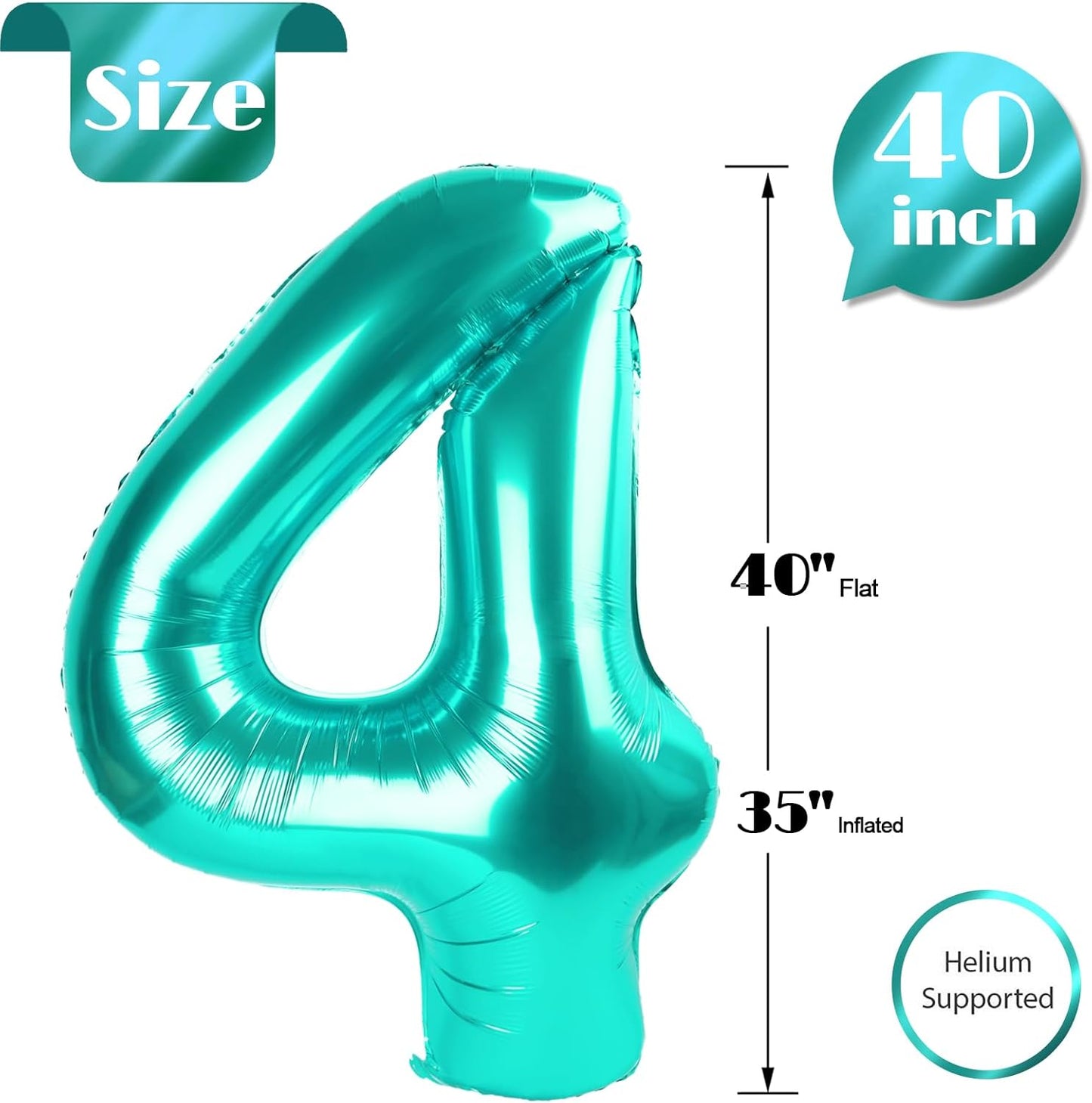 Number 4 Balloon - Teal Blue 40 Inch Large Balloon for 4th Birthday Decorations | Perfect Party Decor