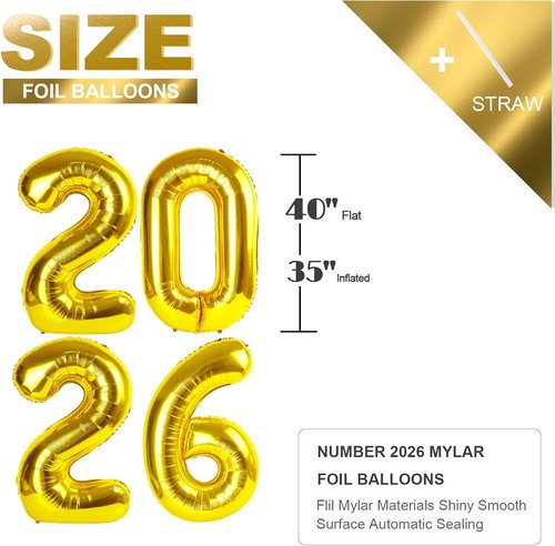 2026 Gold Number Balloons - 40 Inch New Year's Eve Party Decorations | Graduation & Birthday Celebrations