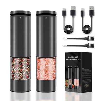 Electric Salt and Pepper Grinder Set Stainless Steel Salt and Pepper Mill Led Light Automatic One Handed Operation Rechargeable Adjustable Shakers Ceramic Rator 2 Pack Black Stainless Steel