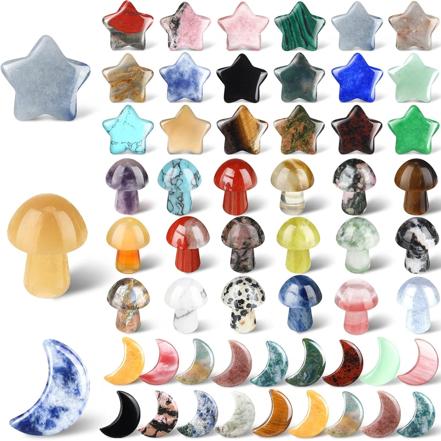 Nuenen Worry Stones Set - 54 Mushroom, Moon & Star Shaped Crystal Thumb Stones for Meditation | Elegant Decor