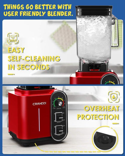 CRANDDI Smoothie Blender - 52oz 1800 Watt Professional Blender with Stainless Steel Blade & Self-Cleaning | K98C Red