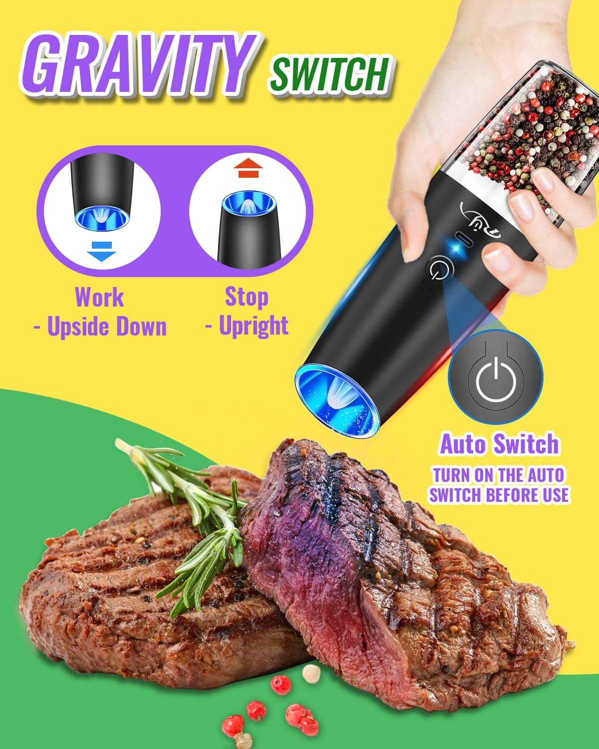 Rongyuxuan Upgraded Rechargeable Gravity Electric Salt and Pepper Grinder Set with LED lights,Stainless Steel Automatic Pepper or Salt Grinder Mill Shaker Refillable with Adjustable Coarseness,Black