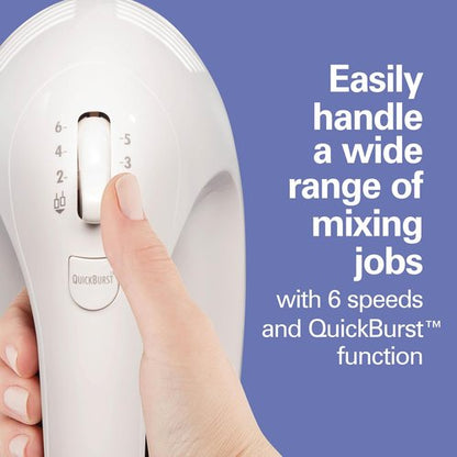 Hamilton Beach 6-Speed Electric Hand Mixer - Powerful 275W Motor, Whisk & Dough Hooks, Easy Clean, White