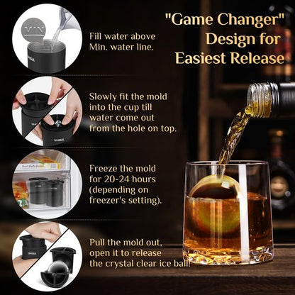 Clear Ice Cube Maker, 2.5" Stainless Steel Ice Ball Maker Mold for Whiskey & Cocktails, Non-BPA Premium Silicone Ice Cube Molds, Easy-Release Sphere Ice Maker, Bourbon Gifts for Men (2 PACK)