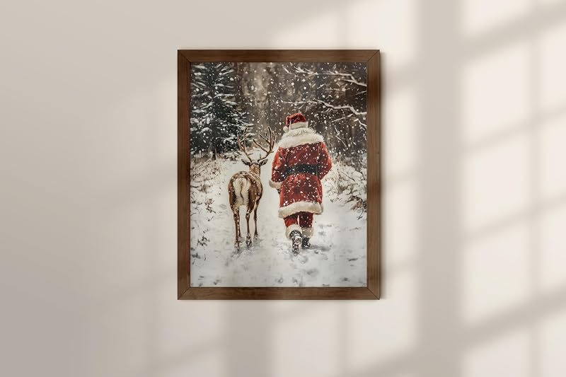 TwoDays Vintage Christmas Wall Art - Santa & Reindeer, 11x14 Unframed - Variation: Santa Claus Reindeer