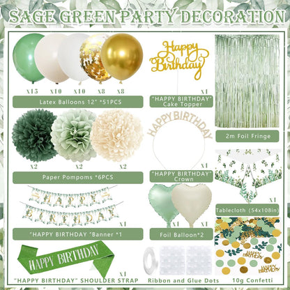 Sage Green Birthday Decorations Set - Balloons, Banner, Pom Poms & Crown for Boho Parties