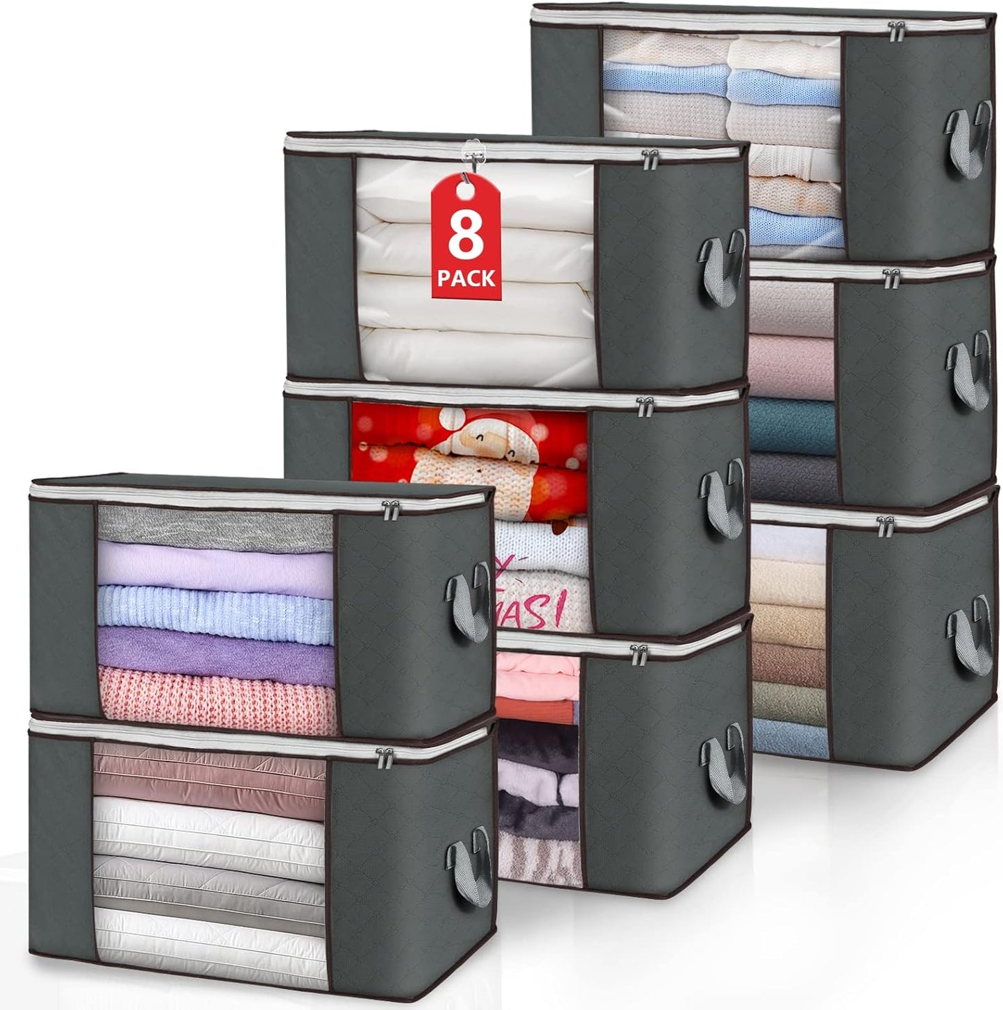 Skiennix Large Storage Bags - 8 Pack Foldable Closet Organizers with Durable Handles | 90L Gray Fabric