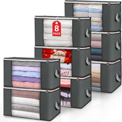 Skiennix Large Storage Bags - 8 Pack Foldable Closet Organizers with Durable Handles | 90L Gray Fabric