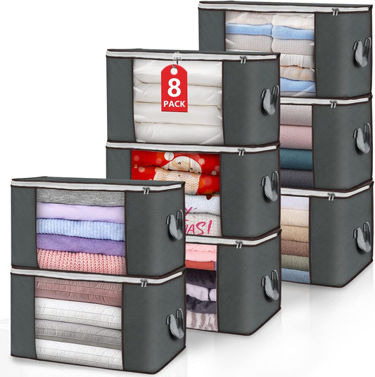 Skiennix Large Storage Bags - 8 Pack Foldable Closet Organizers with Durable Handles | 90L Gray Fabric