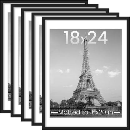 Upsimples 18x24 Picture Frame Set of 5 - Versatile Black Frames for 16x20 or 18x24 Photos