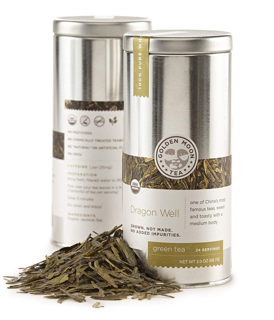 Golden Moon Tea Organic Dragon Well Longjing Green Tea - Loose Leaf, Non GMO - Travel Tin (24 Servings)