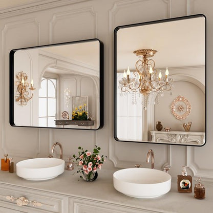 ISTRIPMF 22x30 Inch Black Bathroom Mirror,Rectangle Wall Mirror for Bathroom,Round Corner Matte Black Metal Framed Mirror(Horizontal/Vertical)