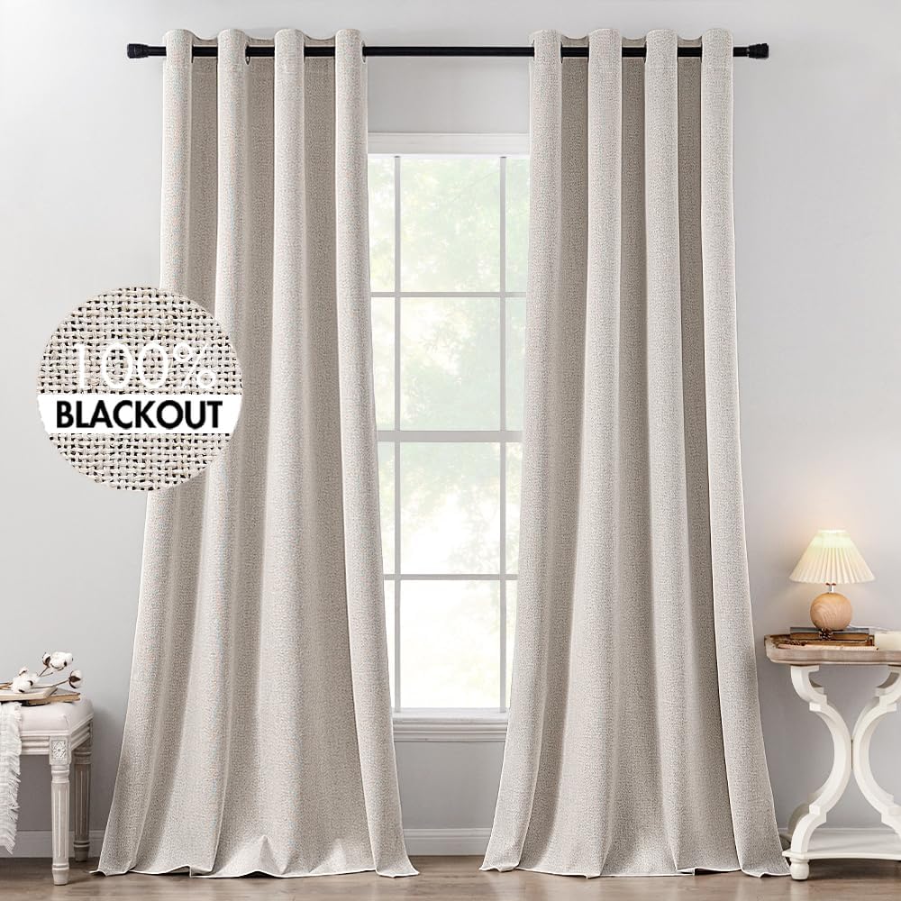 MIULEE 100% Blackout Linen Textured Curtains - Thermal Insulated Ivory Drapes | 52 x 120 Inch (2 Panels)