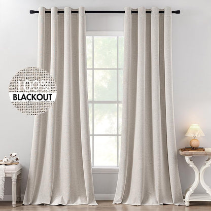 MIULEE 100% Blackout Linen Textured Curtains - Thermal Insulated Ivory Drapes | 52 x 120 Inch (2 Panels)