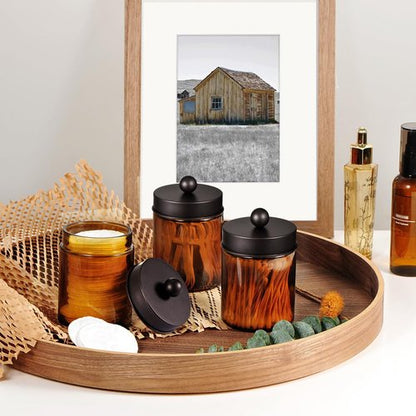 Amber Glass Qtip Holder - Apothecary Jar Set with Brown Metal Lid | Bathroom Storage Organizer (3 Pack, Bronze)