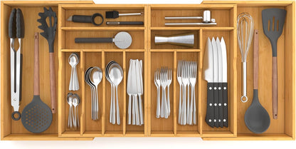 Suli Silverware Drawer Organizer - Adjustable Bamboo Utensil Holder for Forks, Knives & Spoons | Expandable 22in-37in