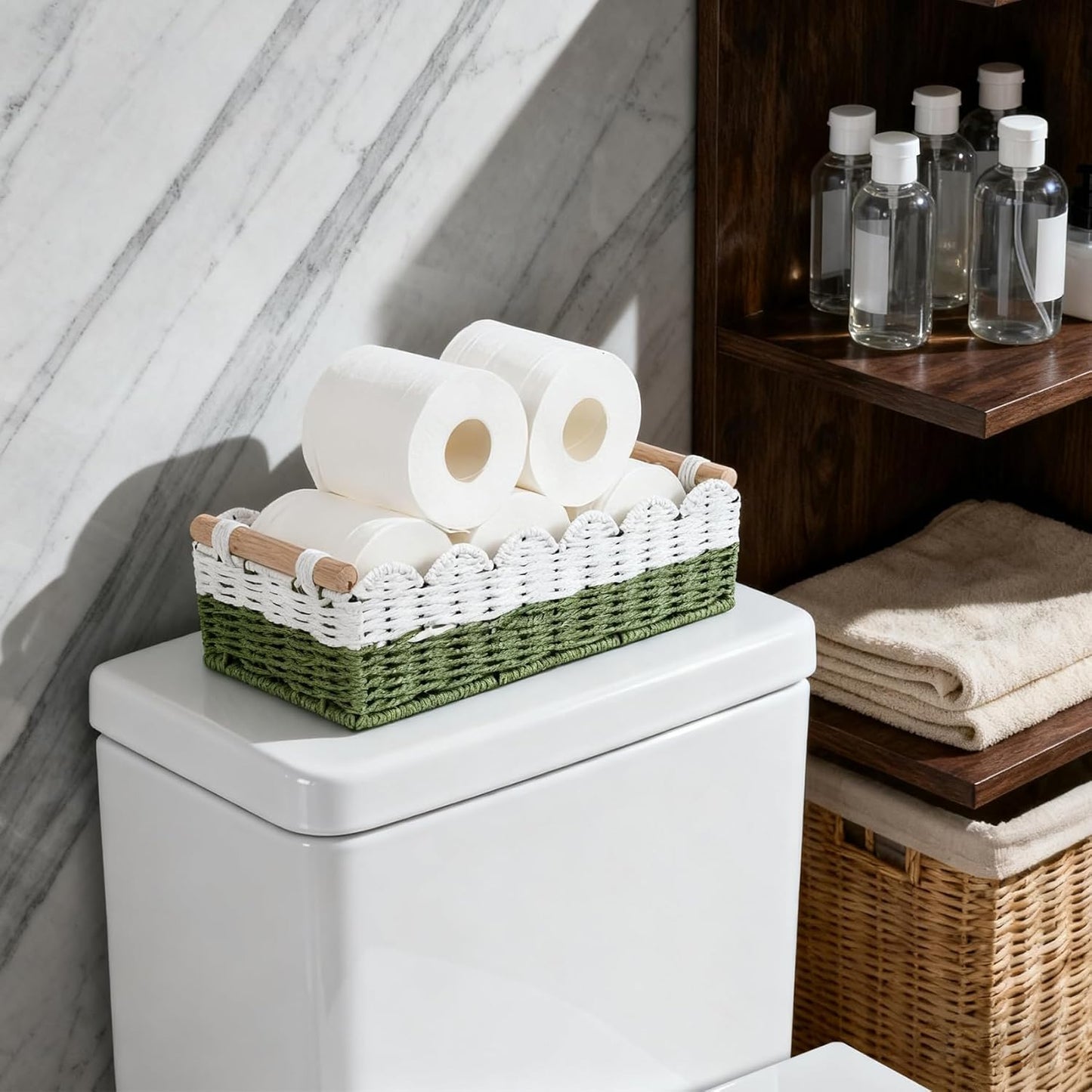 Regine Switzerland Scalloped Edge Toilet Paper Storage Basket - Handwoven Paper Rope Design | Perfect for Bathroom Decor & Over Toilet Storage