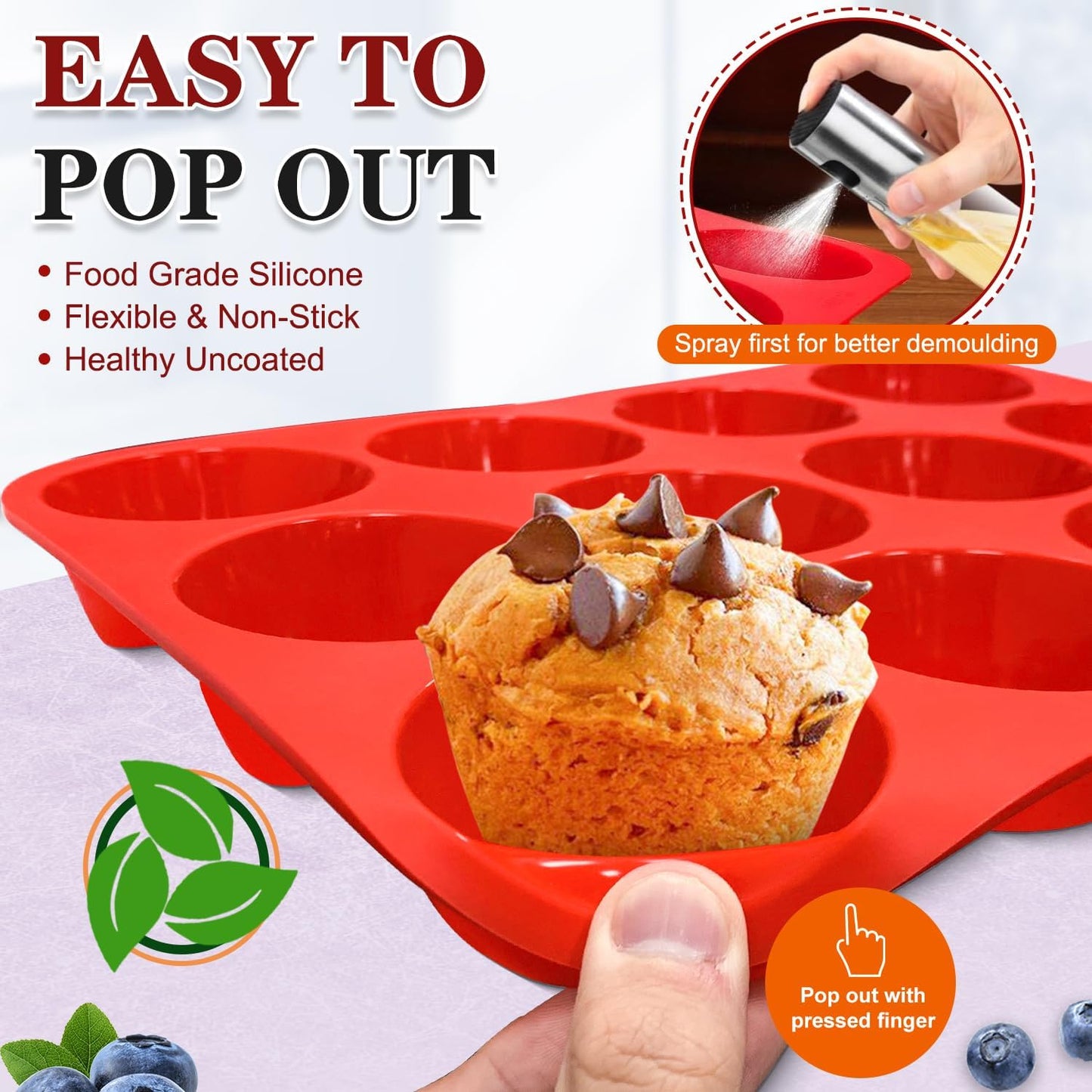 Walfos Silicone Muffin Pan - Non-Stick 12-Cup Silicone Bakeware | BPA Free & Dishwasher Safe