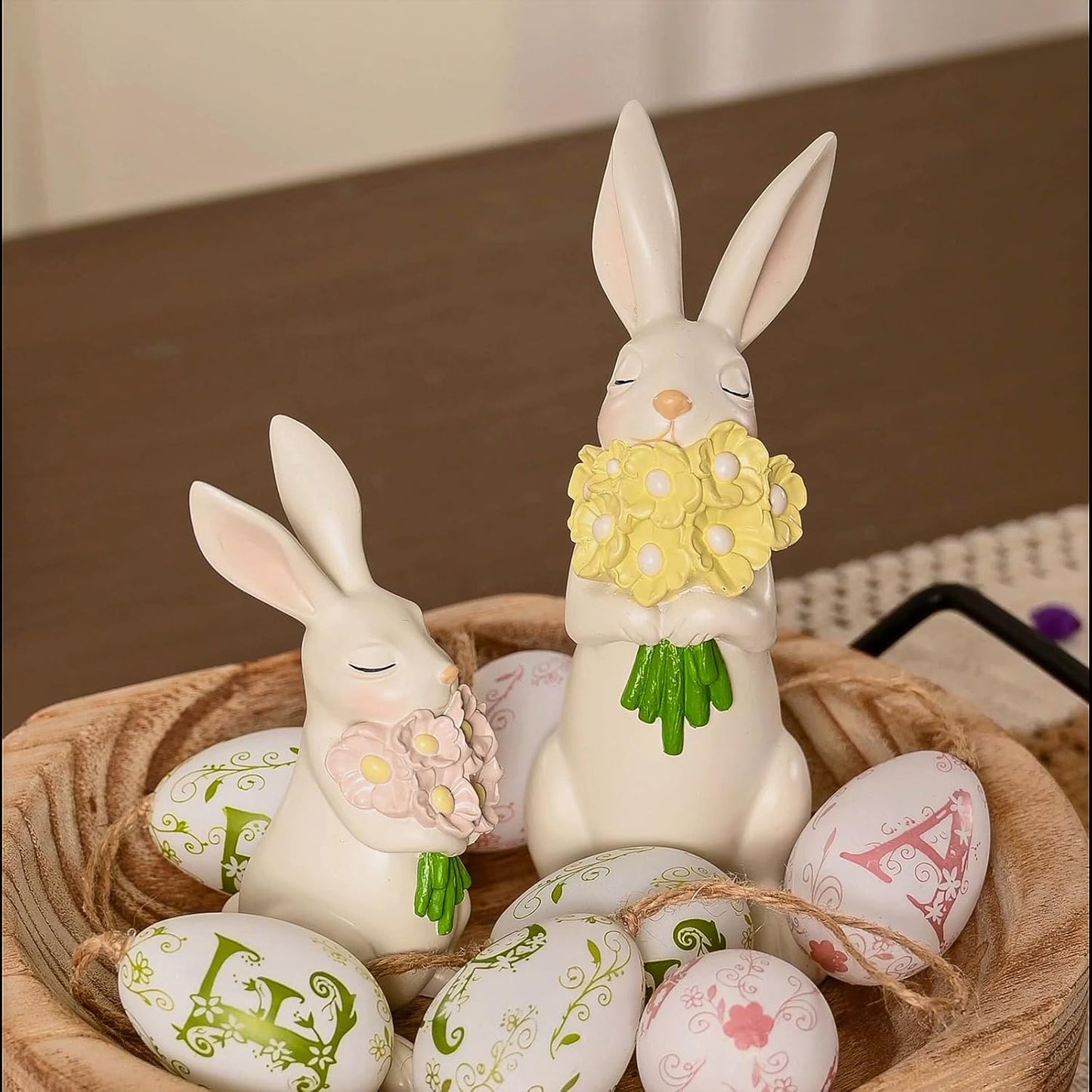 WDS Wondrous Bunny Figurines Set - Cream White Bunnies with Pastel Flower Bouquets | Cute Spring Home Decor Statues (Set of 2)