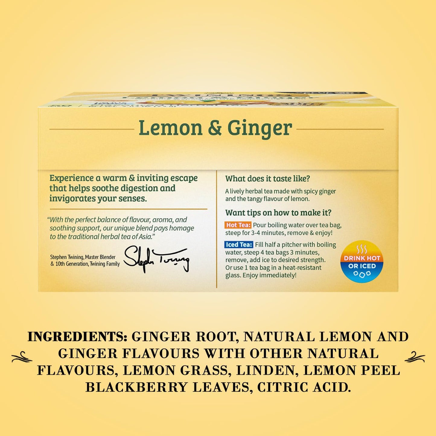 Twinings Lemon & Ginger Tea - Refreshing Ginger Root and Lemon Tea, Naturally Caffeine-Free Herbal Tea Bags Individually Wrapped, 50 Count