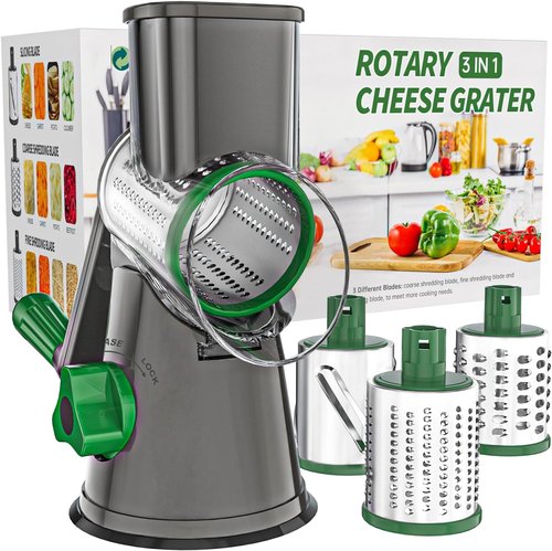 Cambom Rotary Cheese Grater - Hand Crank Shredder for Fresh Cheese & Vegetables | Non-Slip Base, 3 Blades, Grey/Green