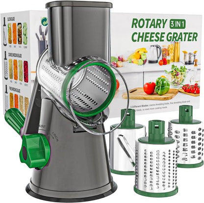 Cambom Rotary Cheese Grater - Hand Crank Shredder for Fresh Cheese & Vegetables | Non-Slip Base, 3 Blades, Grey/Green