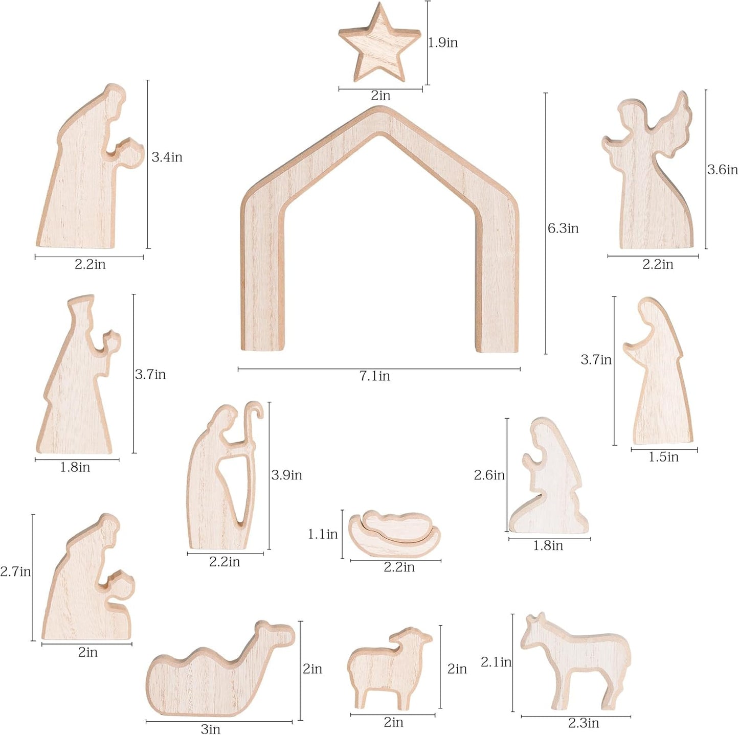 NEROSUN Nativity Scene Set - 13-Piece Wooden Miniature Holy Family Figurines | Minimalist Boho Christmas Decor