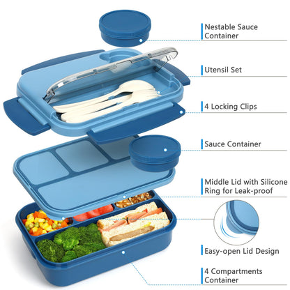 danliar Bento Box for Kids 44oz 4-Compartment Bento Box Adult Lunch Box with 2 Dressing Containers, Leakproof Lunch Containers, Built-in Utensil Set, Ideal for School & On-the-Go, BPA-Free (Blue)