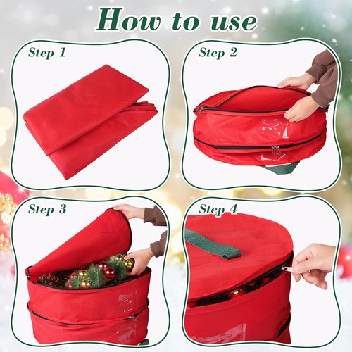 BlessedSeason Wreath Storage Container - Protect 2 Holiday Wreaths with Dual Zipper & Handles | 24” Red