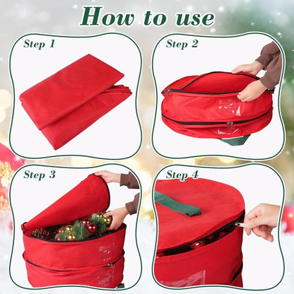 BlessedSeason Wreath Storage Container - Protect Your Holiday Wreaths with Dual Zipper & Handles | 24” Red