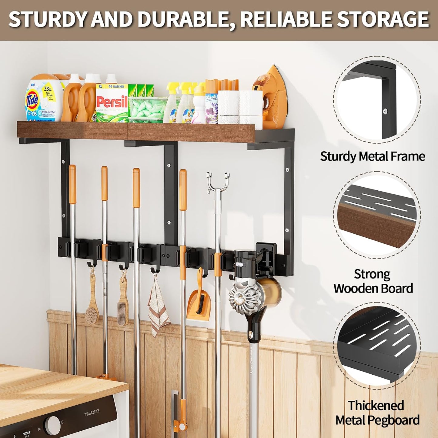Skiennix Broom Holder Wall Mount - Space-Saving Cleaning Supplies Organizer for Home & Garage
