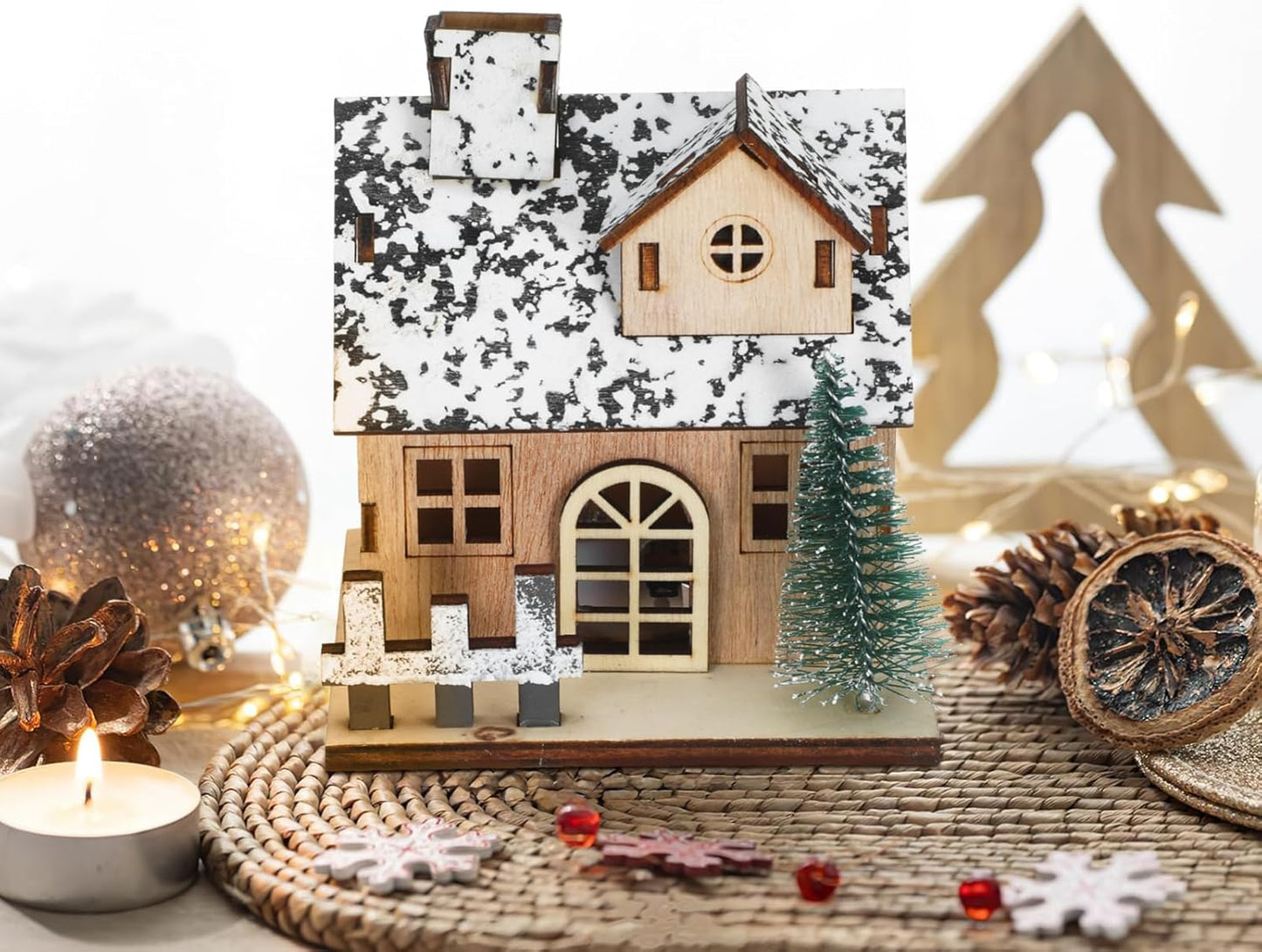 Toyvian Christmas Village Houses Decor - Set of 3 Glowing Wooden Houses with Lights | Holiday Table Centerpieces
