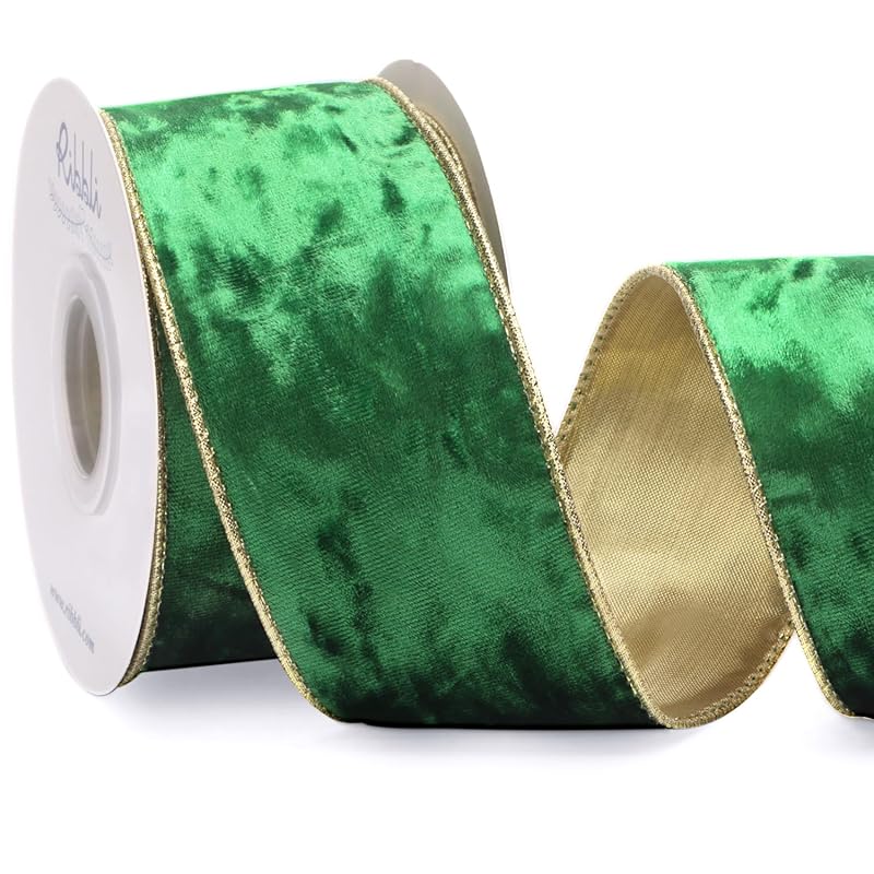 Ribbli Emerald Green Velvet Wired Ribbon 2.5 Inch Metallic Crushed