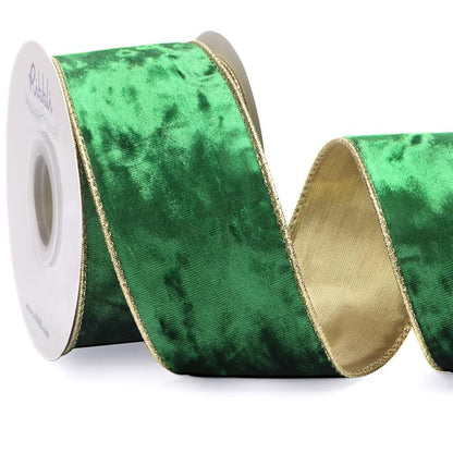 Ribbli Emerald Green Velvet Wired Ribbon 2.5 Inch Metallic Crushed
