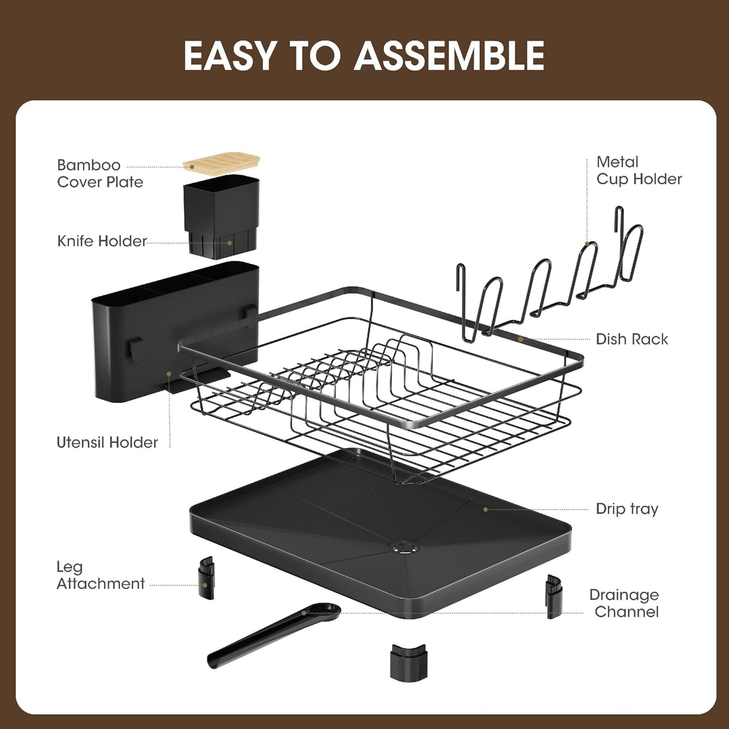 Runnatal Stainless Steel Dish Drying Rack - Large Capacity with Detachable Utensil Holder | Black