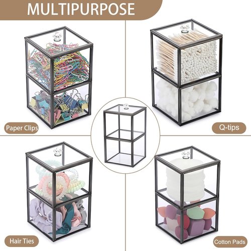 Hipiwe Glass Qtip Holder Dispenser - 2-Tier Stackable Apothecary Jar with Lid | Clear Bathroom Organizer for Cotton Balls & Swabs