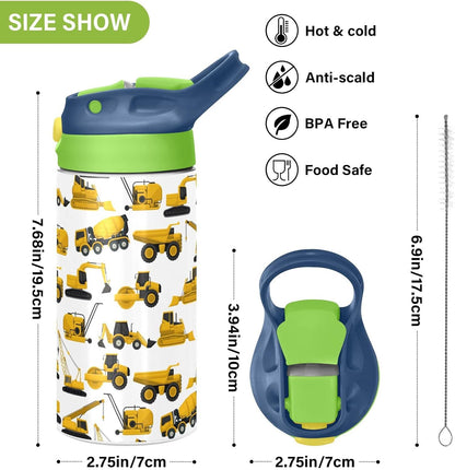 Skiennix Stainless Steel Water Bottle | 12 Oz Vacuum Insulated for Kids - Construction Truck Design
