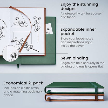 ARTEZA Dotted Journals, Pack of 2, 6 x 8 Inches, 96 Sheets, Hunter Green and Saddle, Hardcover Notepads with Smooth Paper for Writing and Journaling