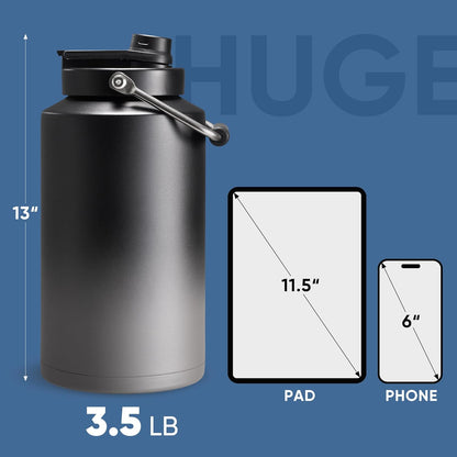 Skiennix One Gallon Insulated Water Bottle - 2-in-1 Straw & Spout Lid, Leakproof, 128oz, Black & Grey