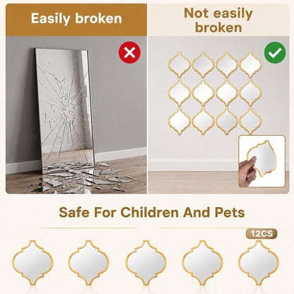 12-Piece Acrylic Mirror Tile Set for Wall Decor - Self-Adhesive Gold Diamonds